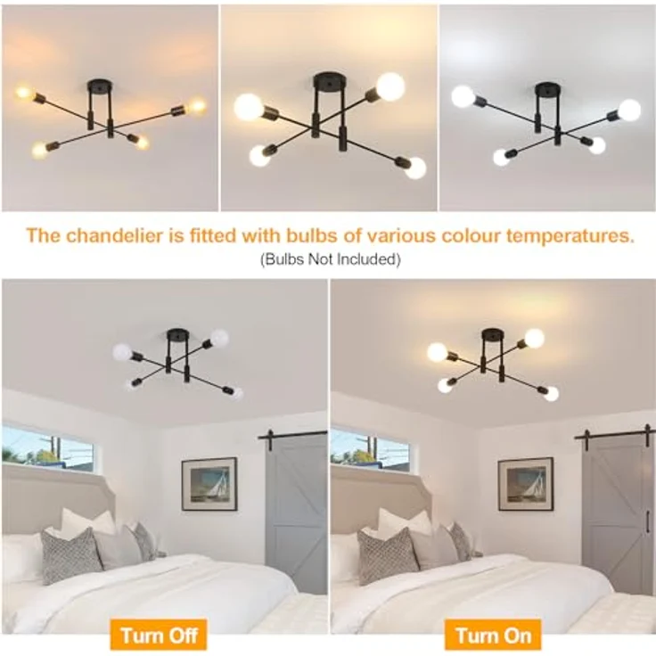 Goeco Vintage Deckenleuchte Kronleuchter Industrielle, 4 Flammige E27 Fassung Schwarz Deckenlampe Retro Deckenleuchtung für Schlafzimmer, Wohnzimmer, Esszimmer, 70CM (Ohne Glühbirnen) – Bild 3