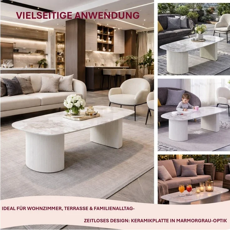 HOOZ Wohnzimmertisch Couchtisch Set 130x70 cm Weiß – moderner Sofatisch, Keramik (Einzelprodukt, 1× Couchtisch), Keramik-Tischplatte, Travertin-Optik (marmoriert), pflegeleicht – Bild 2
