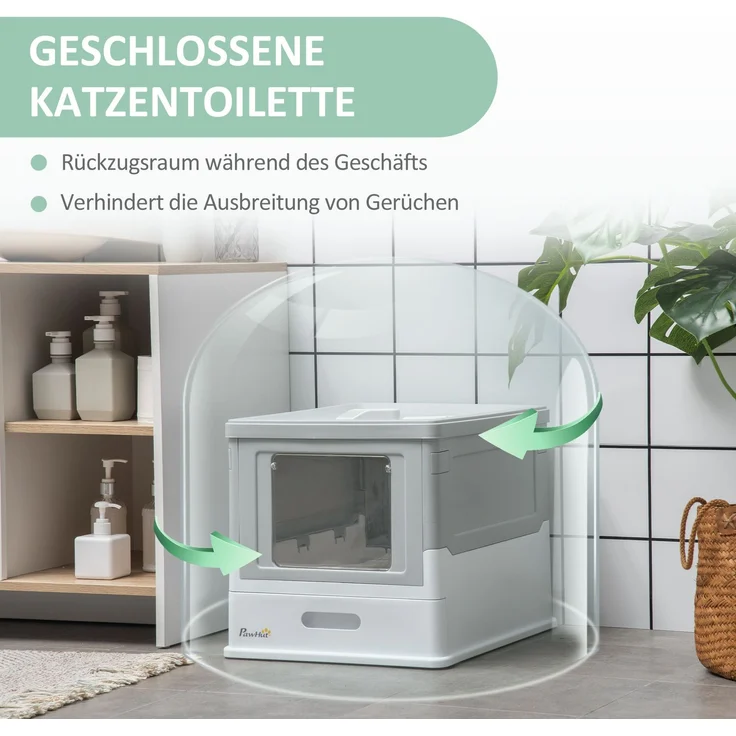 Katzentoilette 47,5 x 35,5 x 36,7 cm mit Deckel, Bodenschale und Streuschaufel – Weiß – Bild 5