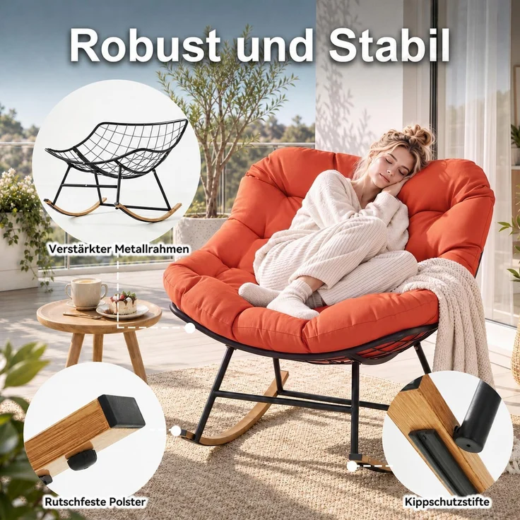 Aoxun Schaukelstuhl Outdoor,Schaukelsessel für Indoor,Relaxsessel Garten,92.5x 104x77.5cm, Wetterfester Gartenstuhl Bequem,bis 150KG, Rot – Bild 2