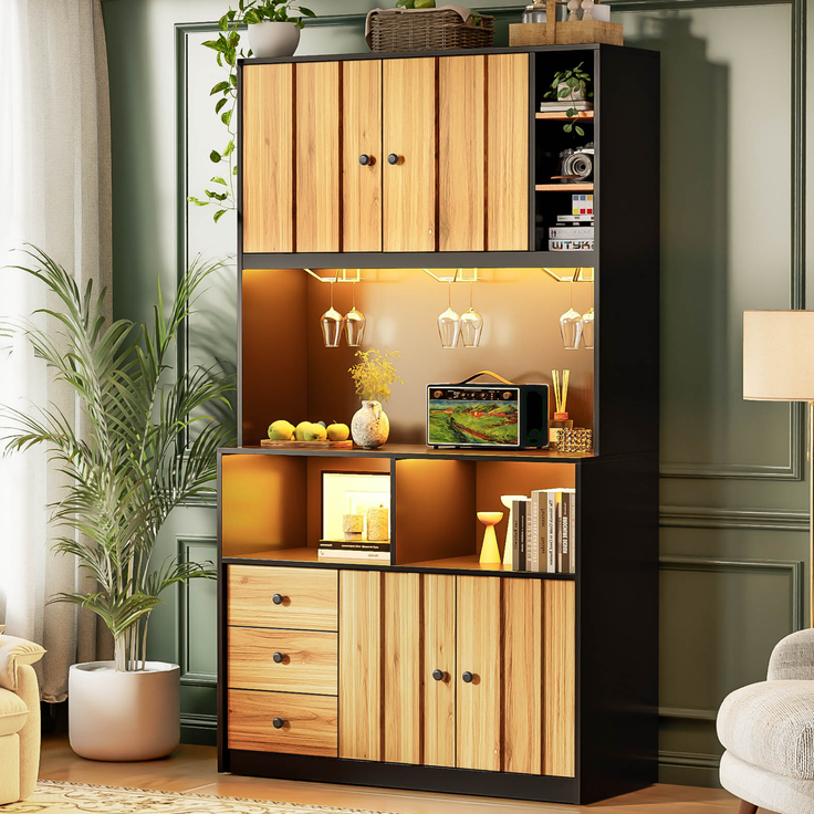 180 cm Küchenschrank, Hochschrank mit LED, Küchenregal mit Steckdose, Weinregal und Vitrine für Küche & Esszimmer--Schwarz + Natur--100x40x180cm--YOUDENOVA