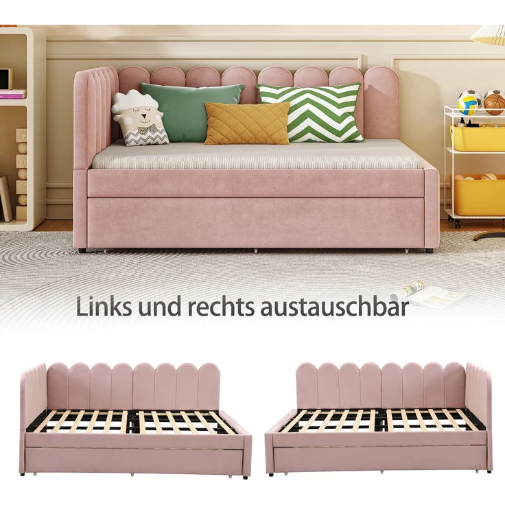Merax Daybett Polsterbett 140x200cm mit Ausziehbett, Schlafsofa Tagesbett mit Austauschbarer Armlehne, Jugendbett Kinderbett mit Lattenrost, Samt, Rosa – Bild 5