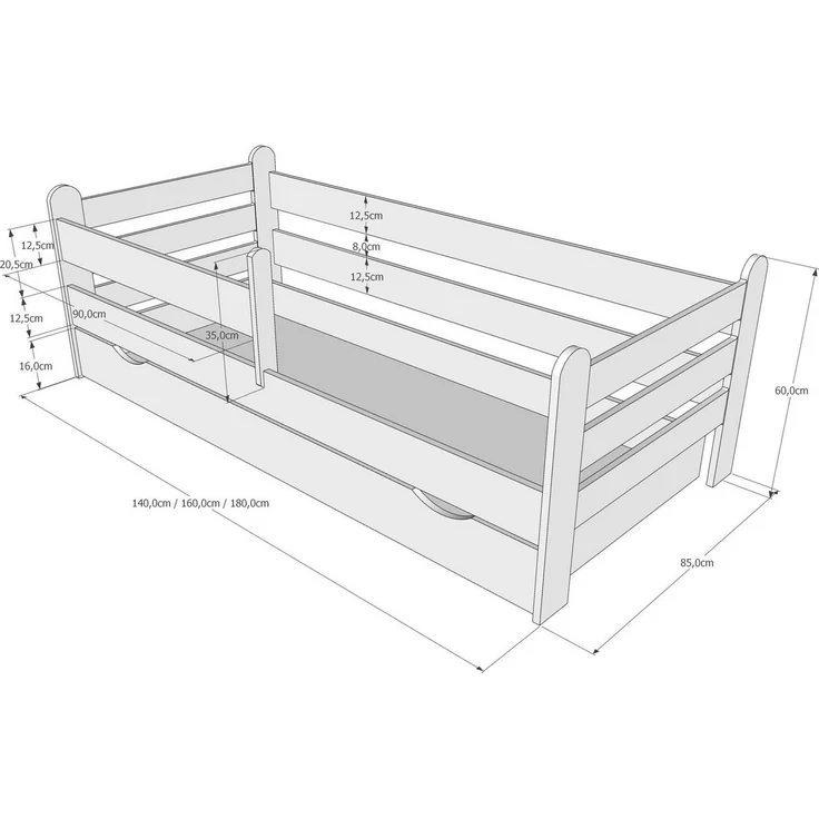 Kids Collective Kinderbett 180x80 cm mit Rausfallschutz, Schublade & Lattenrost in weiß 80x180 Mädchen Jungen Bett Skandi – Bild 3