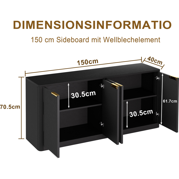 DESVIAE Sideboard mit 4 Türen 150x70,5x40 cm aus MDF Schwarz – Bild 10