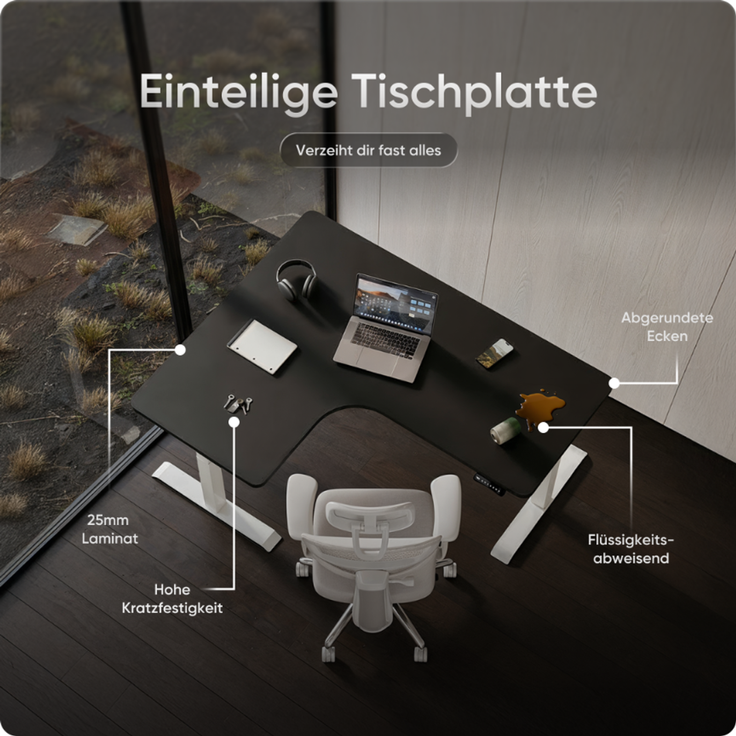 DESKSPACE CORNER Schreibtisch, Elektrisch höhenverstellbar, 160 x 130 x 70 cm, Schwarze Tischplatte, Weißes Gestell – Bild 8