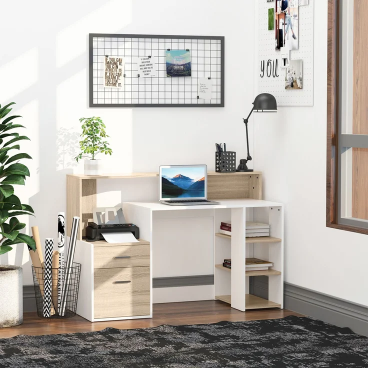 Computerschreibtisch mit 2 Schubladen, Schreibtisch mit Stauraum, 137 x 55 x 92 cm, offene Regale und Ablage – Bild 3