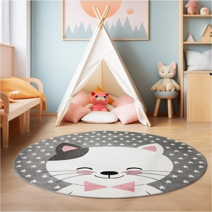 SIMPEX24 Teppich Niedliches Katze Design, Rund, Höhe: 11 mm, Kinderteppich Katze Design Rosa Baby Teppich Kinderzimmer Pflegeleicht – Bild 2