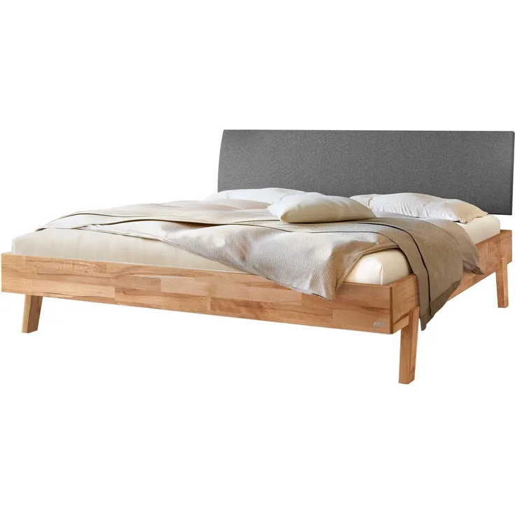Hasena Massivholzbett Lorenzo Kernbuche mit Polster-Kopfteil, Bezug Pace Grey 140x210 cm, Fußhöhe 20 cm – Trento