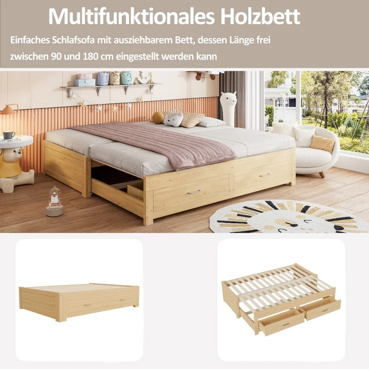 ZUBALIYA Tagesbett 90/180 × 190 cm, Holz, Ausziehbett, Schubladen, Lattenrost, Naturholz – Bild 5