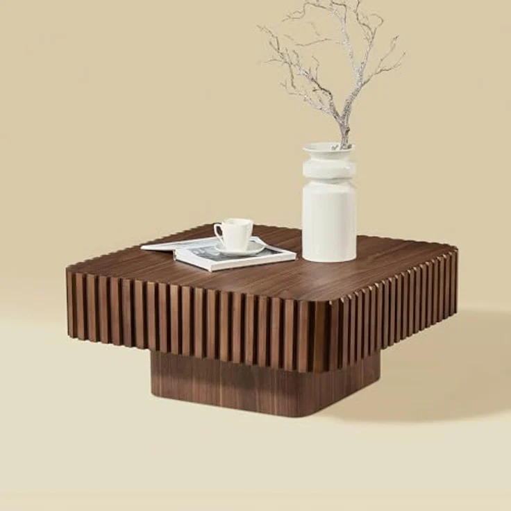 Square Fluted Coffee Table, Modern Ribbed Center Table with Solid Wood Stripe Accent, MDF with Wood Veneer Construction, Contemporary Accent Table for Living Room, Bedroom, and Office (Walnut Color) – Bild 5