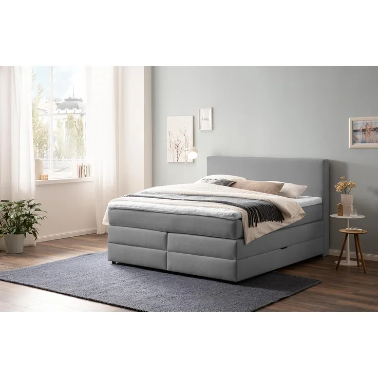 Belanoti Boxspringbett LOFT (Boxspringbett 160x200 mit Bettkasten, 7-Zonen Taschenfederkern Matratze inklusive Visco Topper), Bett 160x200 in der Farbe Hellgrau H2/H3 Polsterbett