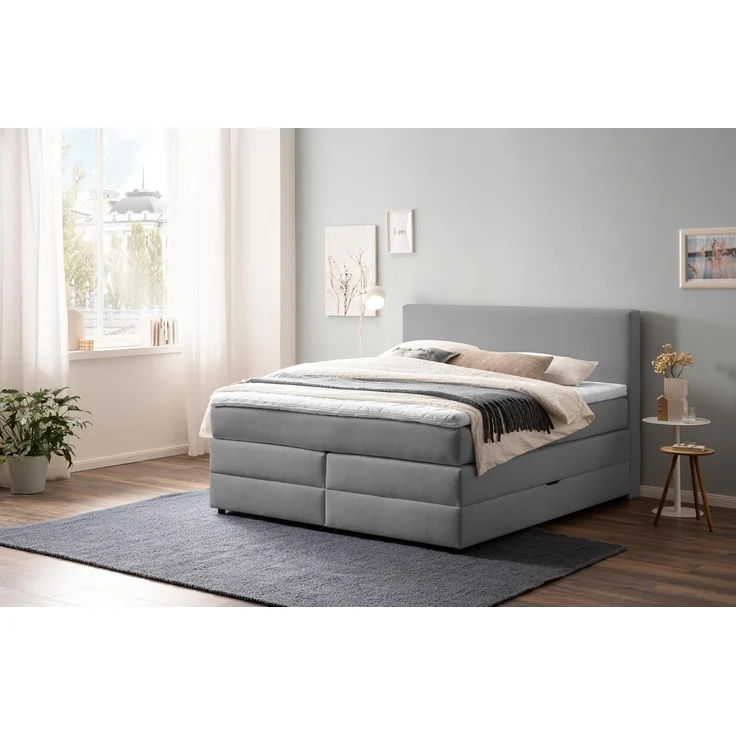 Belanoti Boxspringbett LOFT (Boxspringbett 160x200 mit Bettkasten, 7-Zonen Taschenfederkern Matratze inklusive Visco Topper), Bett 160x200 in der Farbe Hellgrau H2/H3 Polsterbett