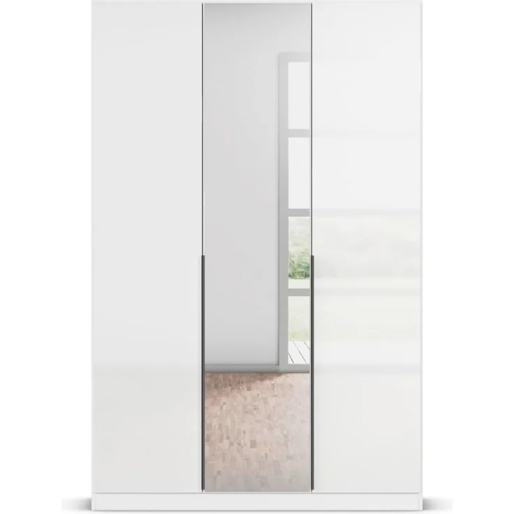 Rauch Möbel Alabama, Kleiderschrank, Garderobenschrank, 3-türig, Spiegel, Zubehör Classic, 2 Kleiderstangen, 7 Einlegeböden, Farbe Hochglanz Weiß/Weiß, Griff Grau metallic, 136 x 229 x 54 cm – Bild 8