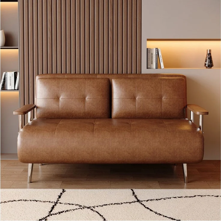 oleyluckidea Schlafsofa 150cm,Lederoptik Sofa ausziehbare Schlafcouch mit Schlaffunktion,braun, Zum Bett umwandelbar, Bettfunktion, Sofabett – Bild 2