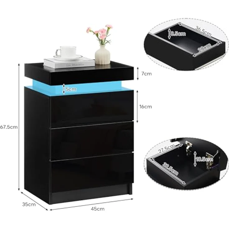 TUKAILAI Nachttisch Schwarz Hochglanz mit LED, Moderner Nachtschrank mit 3 Schubladen, 45 x 35 x 67.5 cm für Schlafzimmer, Home Office – Bild 4