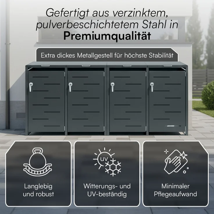 STEELSØN 'Diorus' Mülltonnenbox 4er je 240 Liter, anthrazit, Mülltonnenverkleidung aus Stahl mit Sichtstreifen, wetterfest, 116x80x268 cm, abschließbare Müllbox für 4 Tonnen – Bild 5