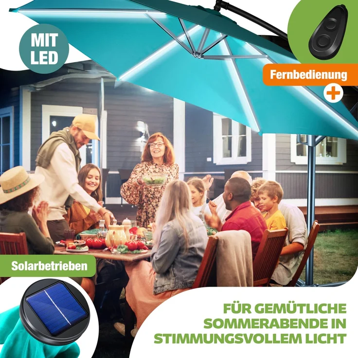 KESSER® Alu Ampelschirm LED Solar + Abdeckung mit Kurbelvorrichtung UV-Schutz Aluminium mit An-/Ausschalter Wasserabweisend - Sonnenschirm Schirm Gartenschirm 300cm, Petrol Grün – Bild 8
