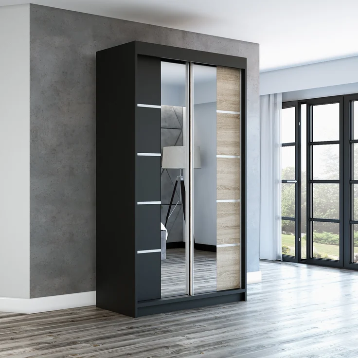 Schwebetürenschrank ERA 2-türig Schrank 120 cm (mit Spiegel) Farbe: Schwarz , sonoma – Bild 2
