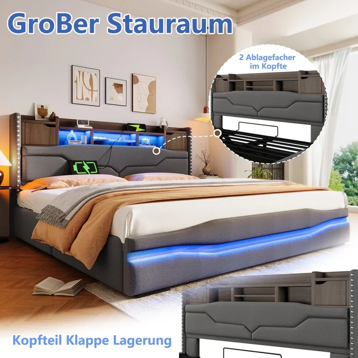 Polsterbett mit LED-Beleuchtung und Stauraum, 180x200 cm, USB/Type-C Anschlüsse, gepolsterter Kopfteil, Doppelbett, Stauraumbett, Leinen – Bild 5