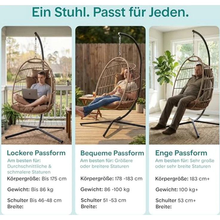 SereneLife Hängesessel mit Gestell – Rattan Hängesessel Outdoor & Indoor Wetterfest – Schaukel für Kinder & Erwachsene bis 250 kg mit Dicke Kissen – Faltbarer Schaukelsessel für Terrasse & Wohnzimmer – Bild 5