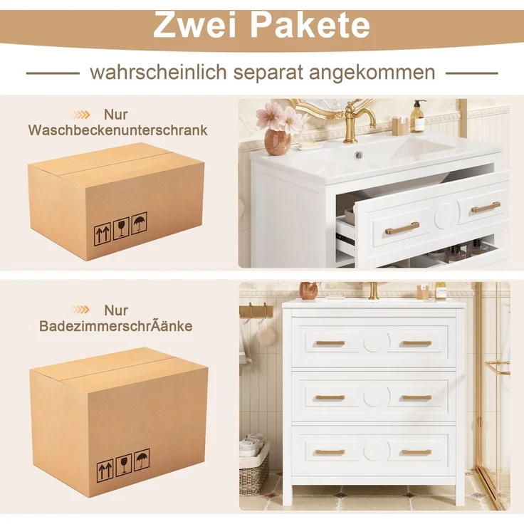 Waschtisch 76,5 x 47 x 82 cm, freistehend, weiß, mit Keramikbecken und 3 Schubladen – Bild 7
