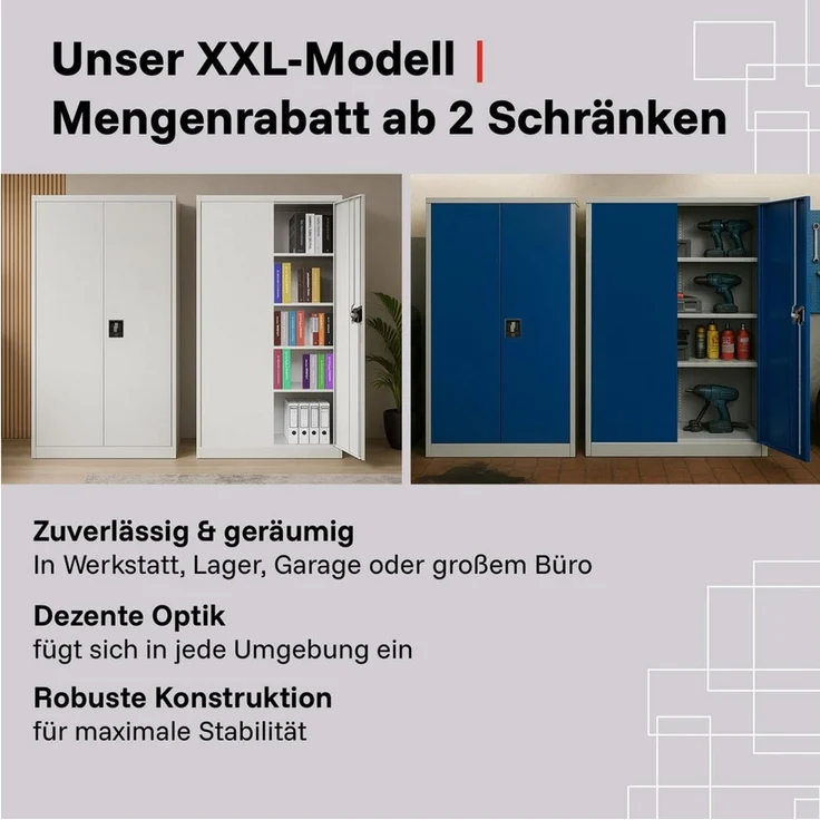 LagerZwei Aktenschrank Stahlschrank 195x100x50 cm (Packung, 2-St, 2er-Set) 3-fach verriegelt, 4 Böden, bis 60 Ordner, Flügeltüren 130° – Bild 4