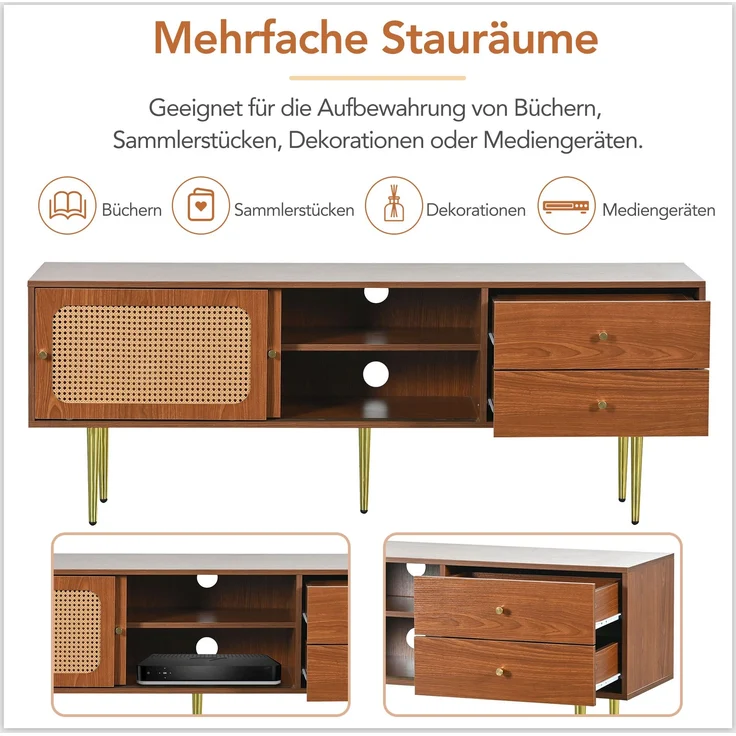 TV-Schrank, 160x40x60 cm, Walnuss-TV-Schrank mit Rattan-Schiebetüren, 2 Schubladen & Metallfüßen – Bild 7