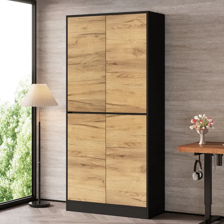 Aktenschrank 80x35x180 cm in Schwarz und Eichenoptik mit verstellbaren Böden