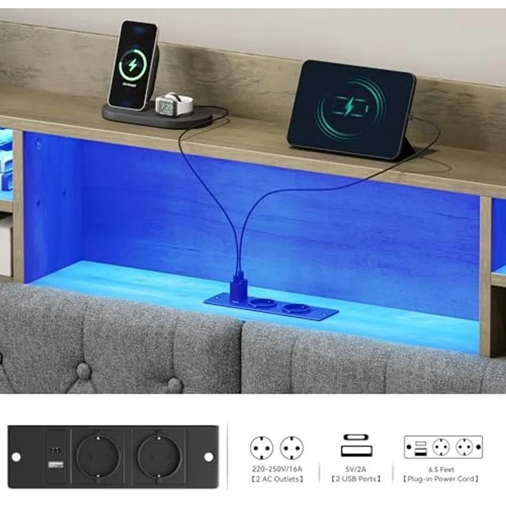 YITAHOME Bettgestell LED mit Kopfteil LED-Doppelbett 180x200CM mit schwebendem Design, Metallrahmen, Stoffbezug in Grau, inkl. USB-Ladestation und Beleuchtung, ohne Matratze – Bild 4