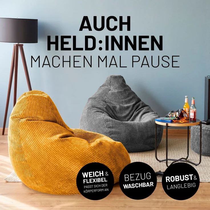 Lumaland Gaming Sitzsack XXL aus Cord | Gaming Sessel für Erwachsene & Teenager | Komfortabler Bean Bag 135x100 cm [Senfgelb] – Bild 4