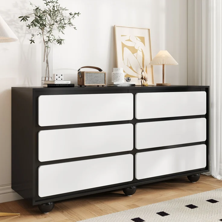Kommode aus Spanplatte mit 6 Schubladen, 140x38x74,5 cm, Weiß/Schwarz – Bild 7