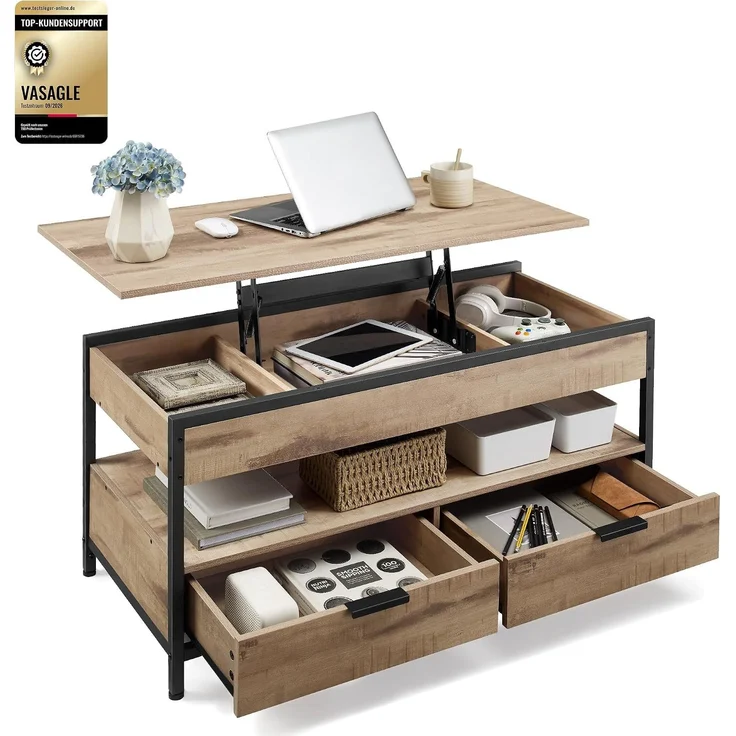 Vasagle Couchtisch, höhenverstellbarer Wohnzimmertisch, Kaffeetisch, mit Schubladen, offenes Fach,50x100 x (48-63)cm， kamelbraun-schwarz – Bild 1