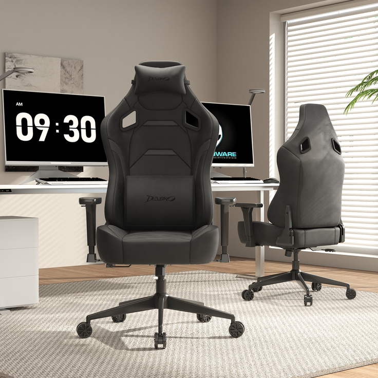 Gaming-Stuhl mit luxuriösem Wildlederimitat – ergonomisch, großzügige Sitzfläche, verstellbare Rückenlehne 90°–135°, 3D-Armlehnen,Schwarz – Bild 2
