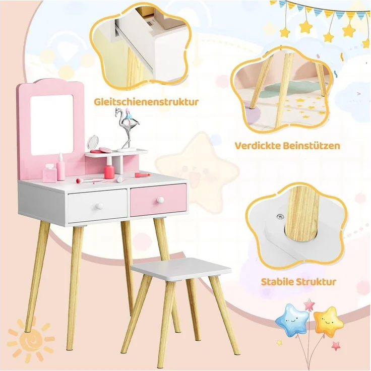TLGREEN Schminktisch, 2-in-1 Kinderschminktisch mit Spiegel und Hocker (Spielkosmetiktisch aus Holzdesign, multifunktional als Schreibtisch & Maltisch), pink-weiße Kinderzimmer-Kommode mit Stauraum und Kippsicherung – Bild 3