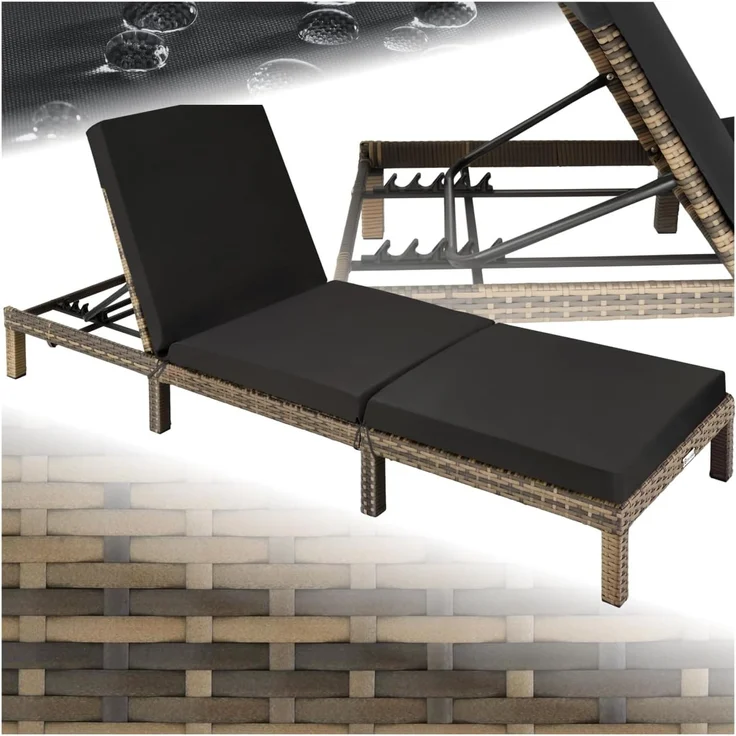 tectake® Polyrattan Sonnenliege mit 6-Fach höhenverstellbarer Rückenlehne, Outdoor Daybed mit bequemer Polsterauflage, Gartenliege Rattan für drinnen und draußen, pflegeleicht und stabil - Natur – Bild 1