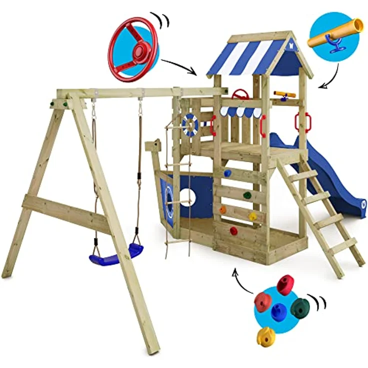 WICKEY 'Spielturm Wickey SeaFlyer', mit Schaukel, blauer Rutsche, Baumhaus mit Sandkasten, Kletterleiter & Spiel-Zubehör – Bild 3