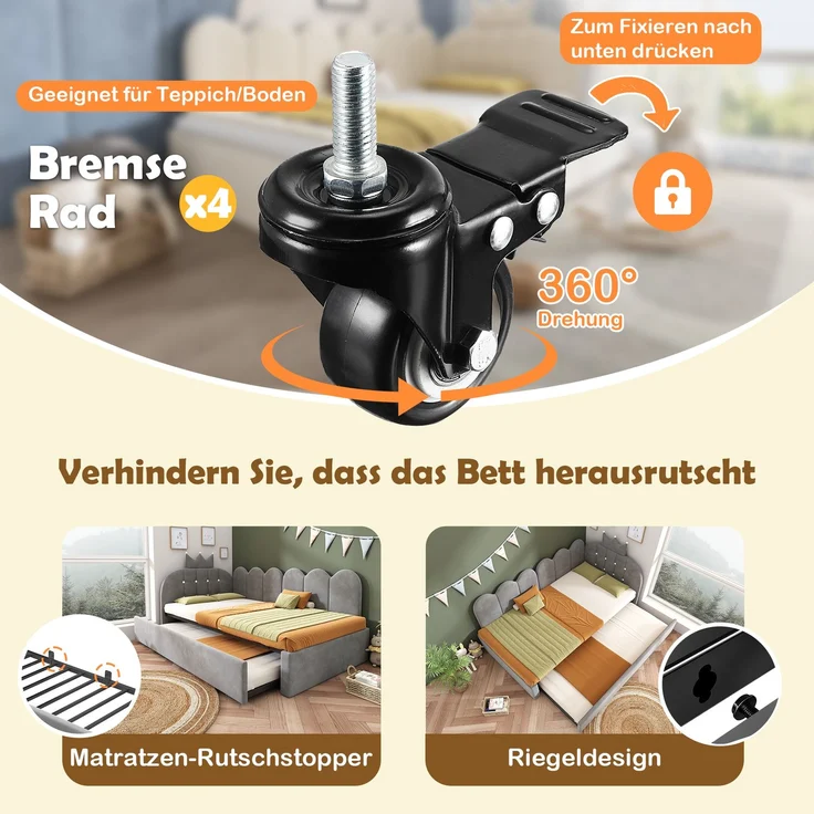 Merax Einzelbett 90x200 cm, Kinderbett, Polsterbett mit 90x190 cm Ausziehbett, Niedliches Kronen- und Gitterdesign, Samt, Grau – Bild 6