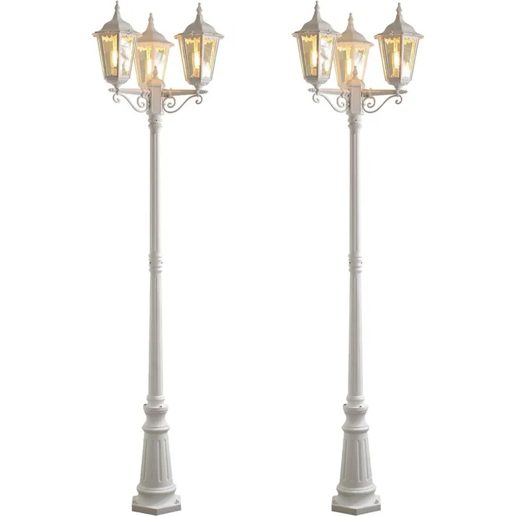 2er-Set weiße Gartenlaterne FIRENZE 3 x E27 Aluminium, inkl. Pfahl und Fundament
