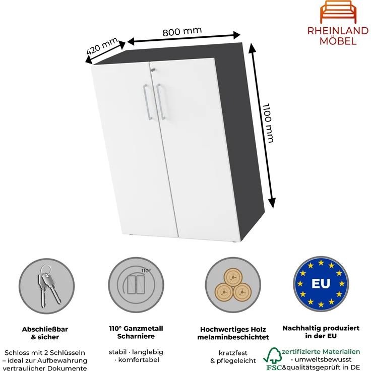 Rheinland Möbel Flügeltürenschrank Cabino 80×42×110 cm – abschließbarer Aktenschrank 3OH in Graphit/Weiß mit 110° Drehtüren & Metallgriff – Bild 2