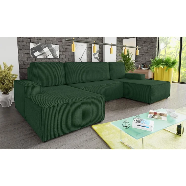 Wohnlandschaft mit Schlaffunktion Totti - U-Form Couch, Schlafsofa mit Bettkasten, Couchgranitur mit Bettfunktion, Big Sofa, Cord Stoff, Wohnzimmer (Grün (Poso 014)) – Bild 2