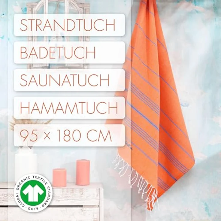 LeStoff Hamamtuch, 100% Bio-Baumwolle, 95 x 180 cm, schnelltrocknend und saugstark, leicht und kompakt, ideal für Sport und Reisen (Orange - Blau) – Bild 2