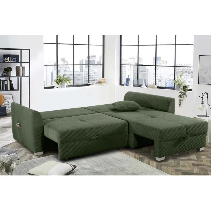 Ecksofa L-Form Couch Polsterecke ausziehbar Schlaffunktion Bettkasten Cord Grün – Bild 5