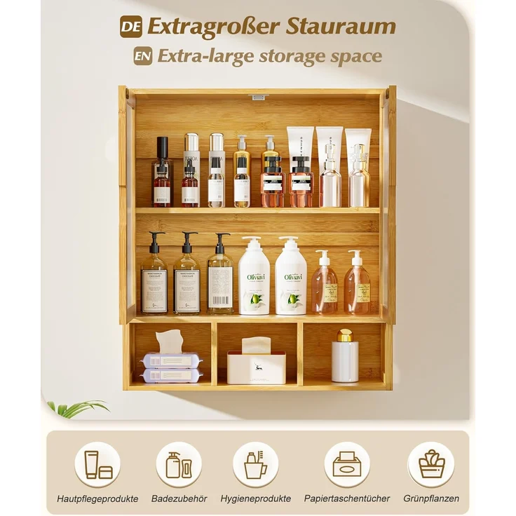 Yorbay Hängeschrank Bambus Badezimmerschrank (59x22x66 cm, Magnetverschluss & verstellbare Regale) Wandschrank mit Doppeltüren – Bild 5