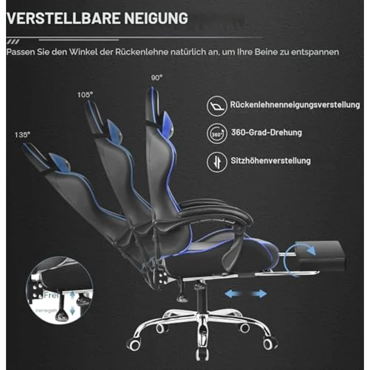 GTPLAYER Bürostuhl Gaming Stuhl Gaming Sessel Ergonomischer Gamer Stuhl mit Fußstütze, Kopfstütze Lendenkissen, Gepolstert Gaming Chair, Drehsessel Blau – Bild 7
