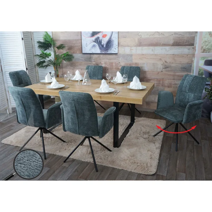 6er-Set Esszimmerstuhl HWC-N99, drehbar Armlehne Auto-Return, Stoff/Textil Chenille (340g/m²) ~ blau-grün