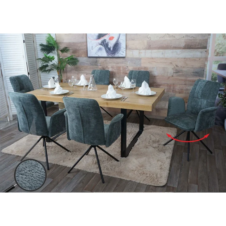 6er-Set Esszimmerstuhl HWC-N99, drehbar Armlehne Auto-Return, Stoff/Textil Chenille (340g/m²) ~ blau-grün – Bild 1