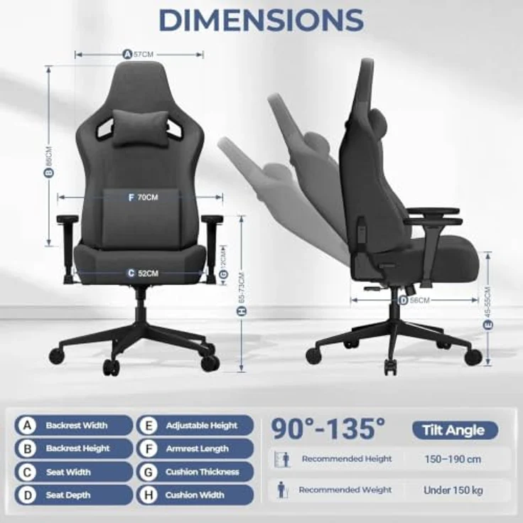 JUMMICO Gaming Stuhl aus Stoff mit Rennsitz, Komfort Bürostuhl Ergonomisch mit 3D-höhenverstellbaren, Schreibtischstuhl Neigefunktion (90°-135°), Belastbarkeit 200 kg, Grau – Bild 3
