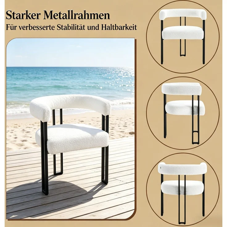 LVHOM 2er Set Armlehnenstuhl aus Chenille, Bequemer Polsterstuhl mit 3 Metallbeinen, Esszimmerstuhl mit verstellbaren Bodenschonern, Beige – Bild 3