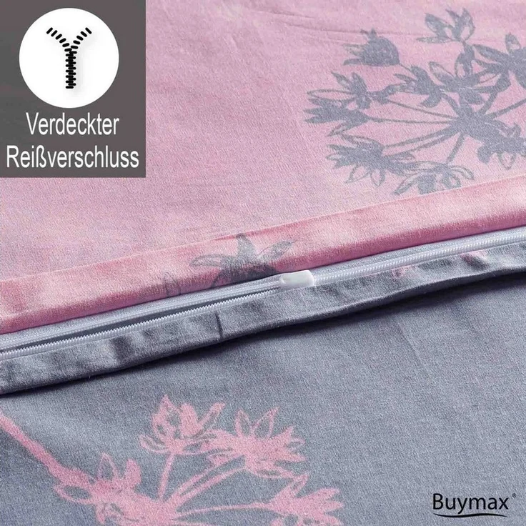 Buymax Bettwäsche Idil, Renforce: 100% Baumwolle, 4 teilig, 155x220 cm mit Reißverschluss, Muster Zweige, Rosa Pink Grau – Bild 4