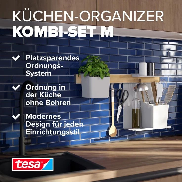 tesa Hakenleiste tesa Küchen-Organizer Kombi-Set M - selbstklebende Küchenleiste, (Komplett-Set, 6 St, inkl. Kräutertopf, 2 Ablagen, Utensilienhalter, Hakenleiste (3 Haken), Flexible Organisationsleiste für die Küche, Montage ohne Bohren – Bild 2